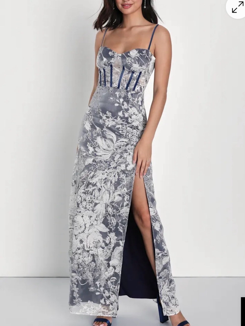 Lulus Classical Charisma Navy Blue and White Floral Bustier Maxi Dress